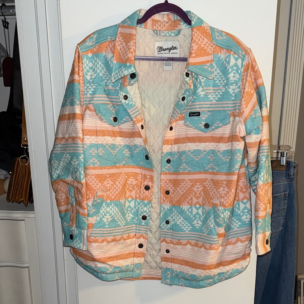 Oversized Wrangler Women's Orange and Blue Patterned Utility Jacket